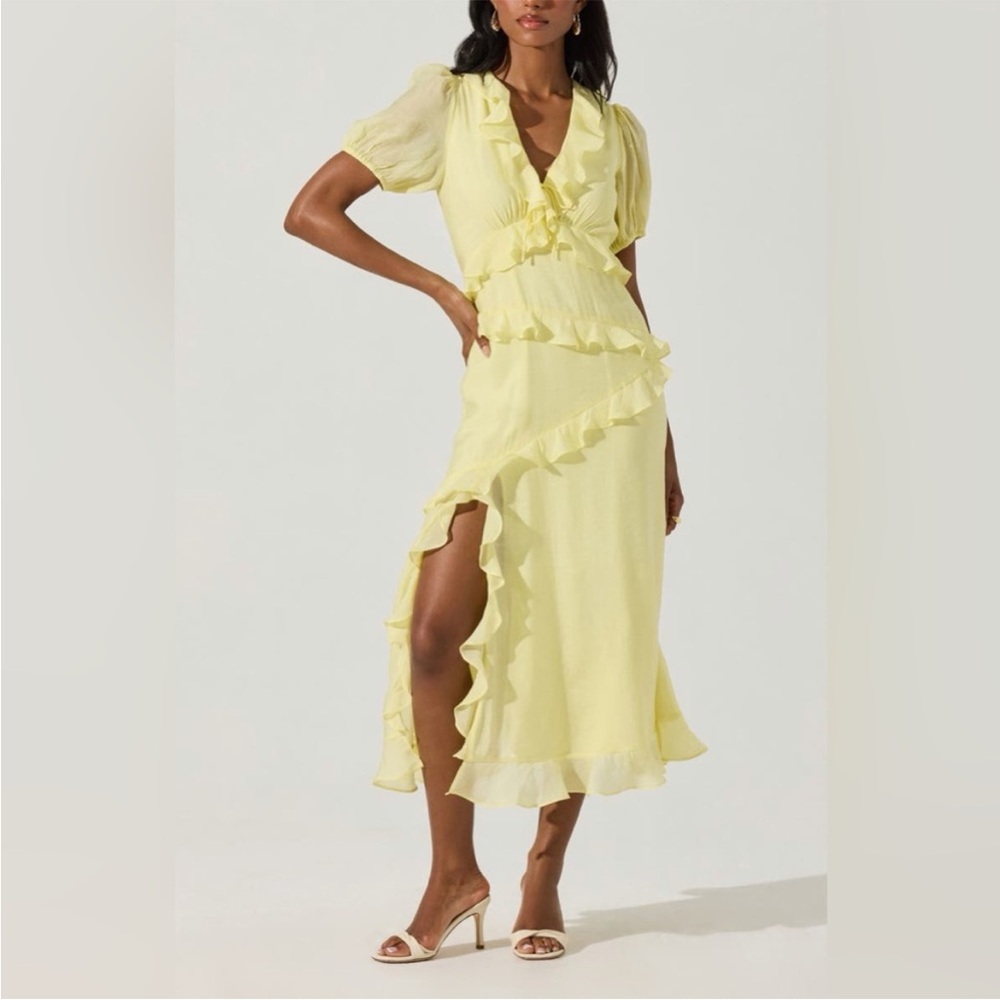 Astr Pale Yellow Ruffle Wrap Midi Dress